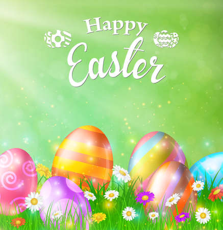Happy Easter Card with Eggs, Grass, Flowers and Bokeh Effect. Vector illustrationのイラスト素材