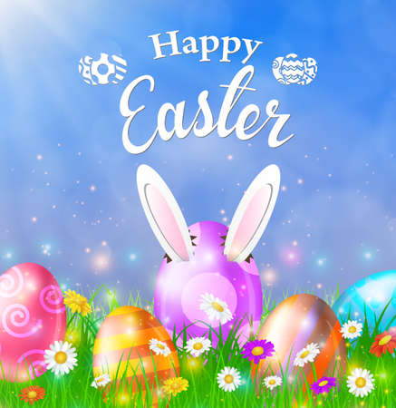 Happy Easter Card with Eggs, Grass, Flowers and Bokeh Effect. Vector illustrationのイラスト素材
