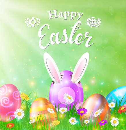 Happy Easter Card with Eggs, Grass, Flowers and Bokeh Effect. Vector illustrationのイラスト素材