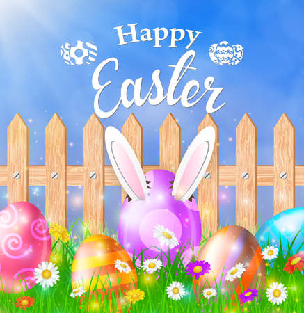 Easter eggs on a grass field with flower on wooden fence background. Rabbit ears sticking out of the egg. Vector illustrationのイラスト素材