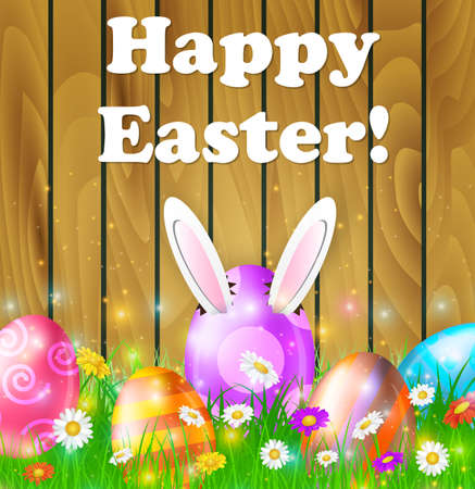 Easter eggs in grass on brown wooden background with flowers Happy Easter, Rabbit ears sticking out of the egg. Vector illustrationのイラスト素材