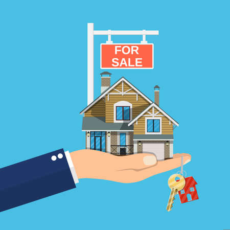 Suburban family house set in hand. Countryside wooden and brick house icon. Key. For sale placard. Real estate. Vector illustration in flat styleのイラスト素材
