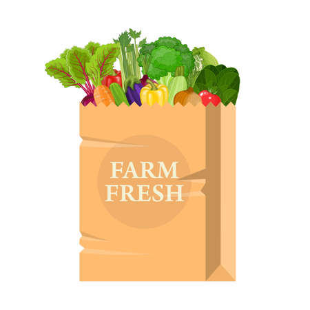 Paper bag with healthy foods. Healthy organic fresh and natural food. Grocery delivery concept. Flat design vector illustration.のイラスト素材