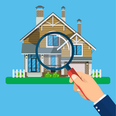 Magnifying glass with house. Real estate concept. Search for home vector icon. Vector illustration in flat styleのイラスト素材