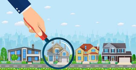 Magnifying glass with house. Real estate concept. Search for home. Vector illustration in flat styleのイラスト素材