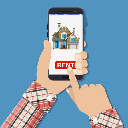 Hand hold smartphone with Home icon on smartphone screen. Rent apartments, homes app. Vector illustration in flat styleのイラスト素材