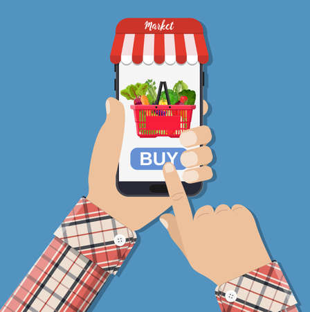 Hand holding smartphone with shopping bag full with different healthy food. Grocery delivery. Internet order. Online supermaket. Vector illustration in flat styleのイラスト素材