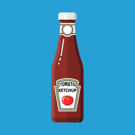 Glass bottle of traditional tomato ketchup. vector illustration in flat styleのイラスト素材