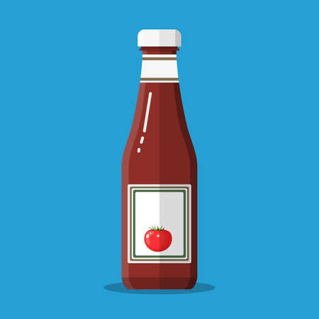 Glass bottle of traditional tomato ketchup. vector illustration in flat styleのイラスト素材