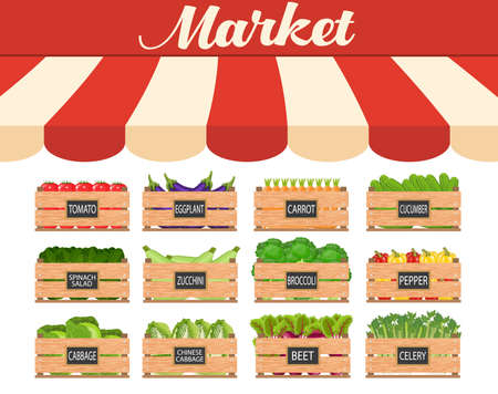 Local vegetable stall. Fresh organic food products shop in a wooden crate. Food market shop. illustration in flat styleのイラスト素材