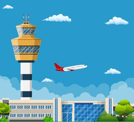 Airport Terminal with Control Tower ,Travel and Tourism Concept , Travel and Tourism Conceptのイラスト素材