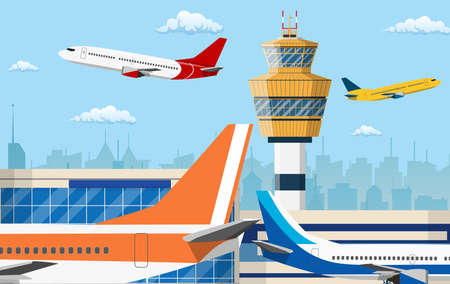 airport control tower and flying civil airplane after take off in blue sky with clouds and city skyline silhouette. Vector illustration in flat designのイラスト素材