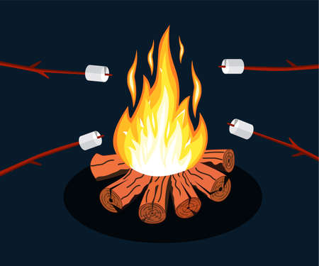 Bonfire with marshmallow. Logs and fire. Camping, burning woodpile in night. Vector illustration in flat styleのイラスト素材