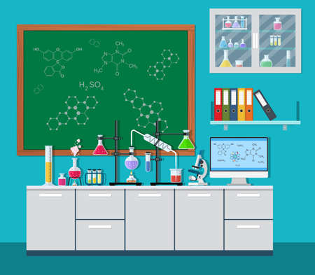 Laboratory equipment, jars, beakers, flasks, microscope, scales, spirit lamp on table. Computer, shelf with books. Agenda board. Biology science education medical vector illustration in flat styleのイラスト素材