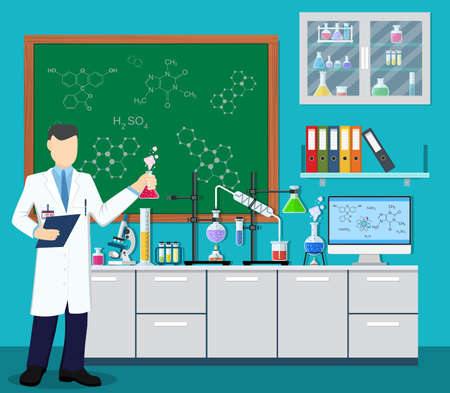 Laboratory assistant with test tube. Medical Laboratory. Research, testing, studies in chemistry, physics, biology. laboratory equipment. Vector illustration in flat styleのイラスト素材