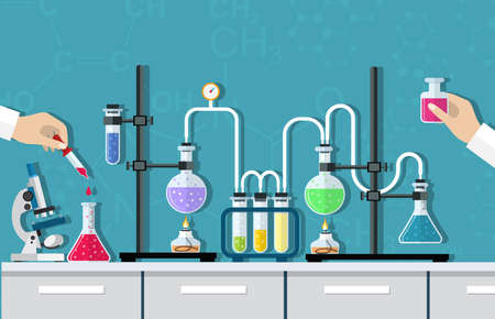 Medical Laboratory. Research, testing, studies in chemistry, physics, biology. laboratory equipment. Hands of doctor with pipette and test tube. Vector illustration flat design.のイラスト素材