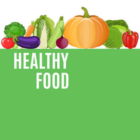 Set of vegetarian food. Pepper, cucumber, tomato, cabbage, pumpkin, eggplant. Dieting and nutrition. Vector illustration in flat styleのイラスト素材