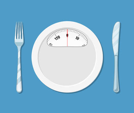 Diet meal concept. Plate with weight scale with fork and knife. Vector illustration in flat styleのイラスト素材