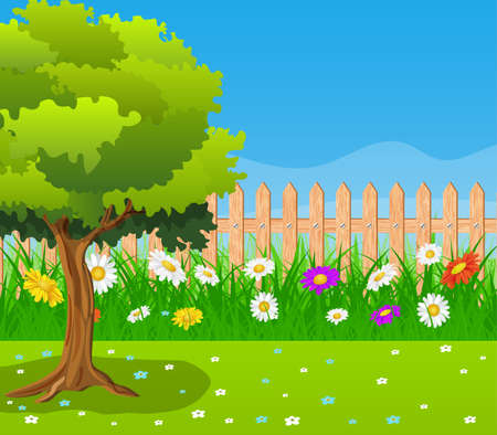 Beautiful spring rural landscape view. fence in grass with flowers. Vector illustrationのイラスト素材