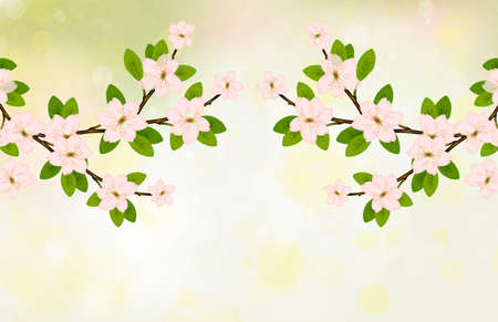 Blooming branch vector with pink spring blossom. Card with text place. Cherry flower blossom branch, peach bloom, sakura branch.のイラスト素材