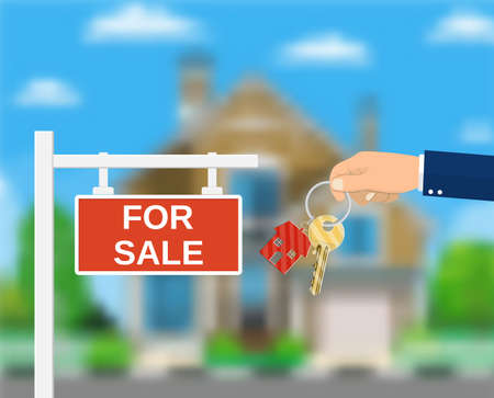 Sale placard sign. Hand of agent with keys. Blurred background with private suburban house, Real estate, sale and rent house. Vector illustration in flat styleのイラスト素材