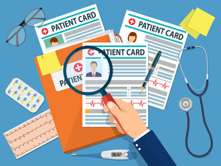 Folder with patient card and doctors hand with magnifying glass. medical report. analysis or prescription concept. vector illustration in flat style.のイラスト素材