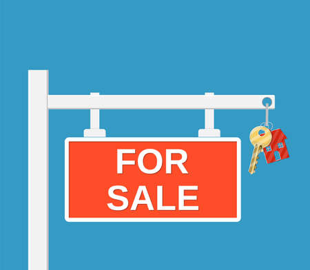 Wooden placard for sale sign. Key on chain. Buy or rent house. Vector illustration in flat styleのイラスト素材