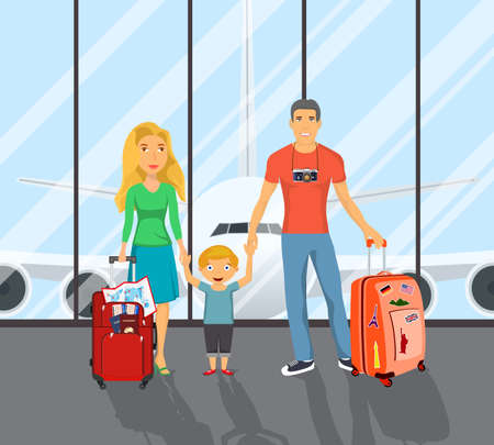 family on the airport. Father with travel bag, mother with child goes to summer travel. Happy holiday, airplane scene. Vector illustration in flat design.のイラスト素材