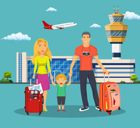 Young family with children in front of the airport building. Man and woman with luggage go on a trip. Family travel. The plane flies in the sky. Vector illustration in flat design.のイラスト素材