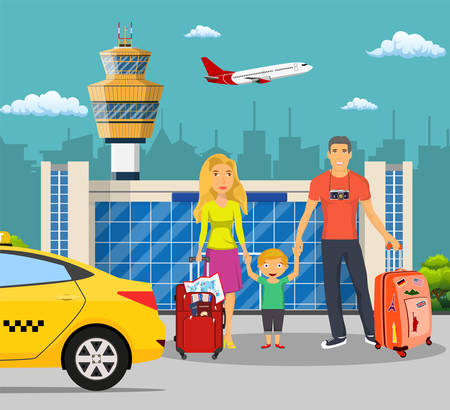 family with children in front of the airport building. Man and woman with luggage go on a trip. Family travel. taxi service transfer. Vector illustration in flat design.のイラスト素材
