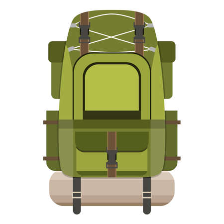 Large hiking backpack. Tourist rucksack with sleeping bag. Camping backpack isolated on white background. Vector illustration in flat designのイラスト素材