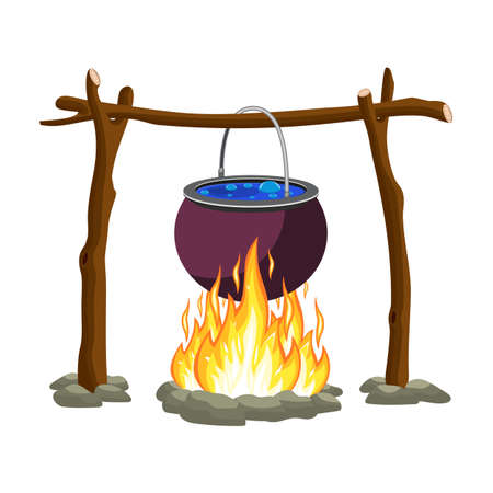 Black camping pot over a bonfireのイラスト素材