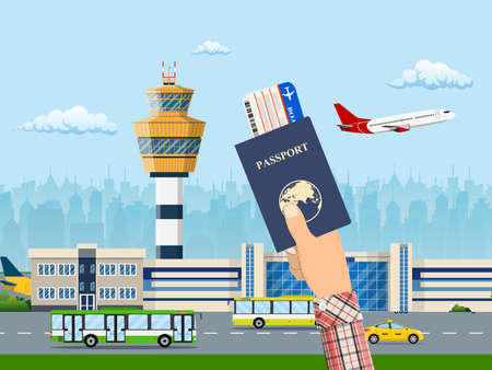 International airport concept. Hand with ticket and passport. Airport terminal with road, taxi cab, bus and aircraft. Cityscape. Vector illustration in flat styleのイラスト素材