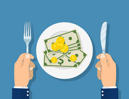 Hands holding knife and fork and plate full of coins and dollar cash. Business lunch concept. Vector illustration flat styleのイラスト素材