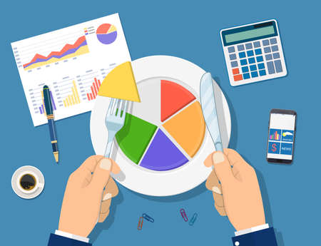 Businessman hands with knife and fork cut chart pie peace. financial reports, calculator, coffee cup, pen. Business concept. Vector illustration in flat designのイラスト素材