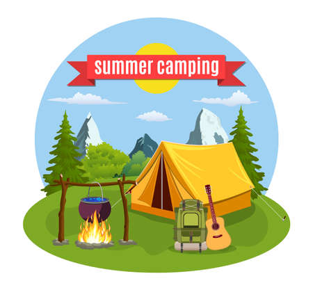 Summer camp. Landscape with yellow tent,のイラスト素材