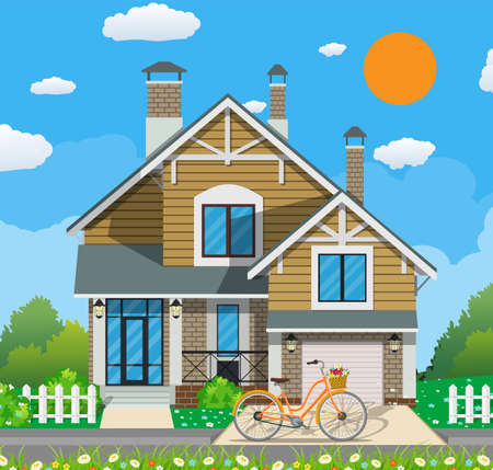 Cute white private house with bicycleのイラスト素材