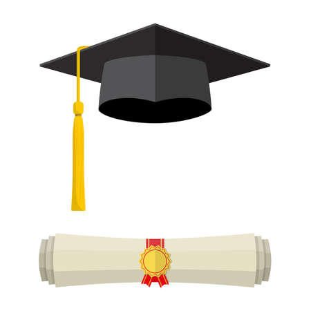 Graduation cap and rolled diploma scroll with stamp. Finish education concept. illustration in flat style isolated on white background.のイラスト素材