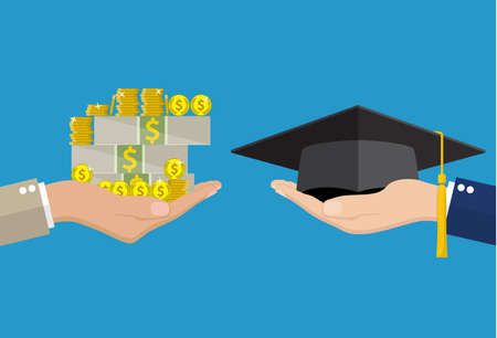 Education for money concept. Hand holding graduation cap and another hand holding money . vector illustration in flat styleのイラスト素材
