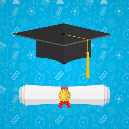 University student cap mortar board and diploma with official stamp on education icons background. vector illustration in flat styleのイラスト素材