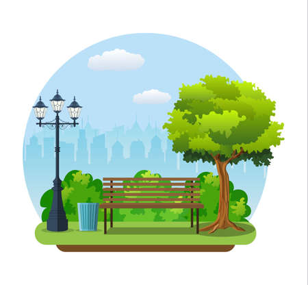 Bench with tree and lantern in the Park.のイラスト素材