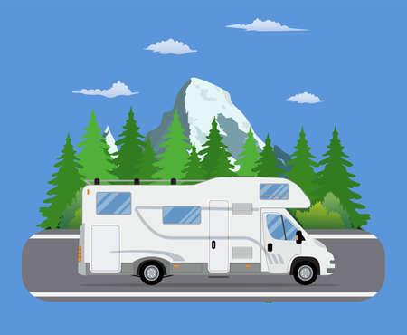 Road travel trailer driving on forest area road.のイラスト素材