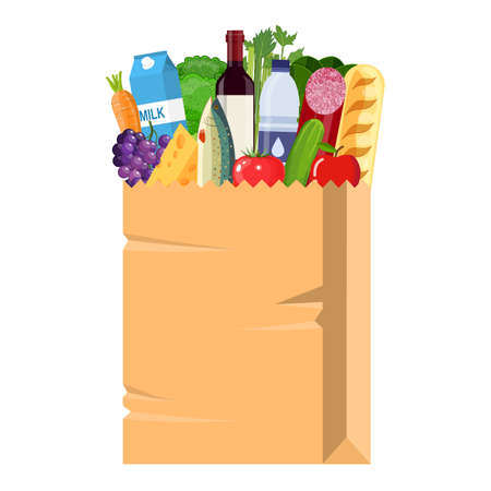 Paper shopping bag full of groceries products.のイラスト素材