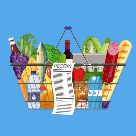 Plastic shopping basket full of groceries productsのイラスト素材