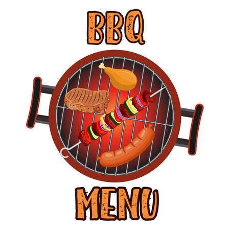 Grill Menu Card Design template. Barbecue pan with fork and spatula. bbq party banner. Vector illustration in flat styleのイラスト素材