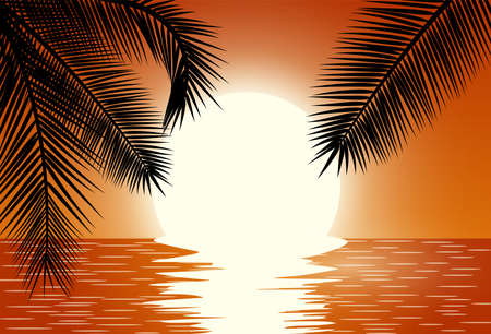 Sunset over the sea. Summer Sunset Landscape. Sunrise with Palm Tree. Tropical Paradise. Vector illustrationのイラスト素材
