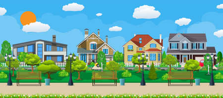 Suburb concept, wooden bench, street lampのイラスト素材