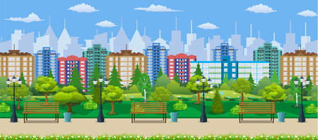 City park concept, wooden bench, street lampのイラスト素材