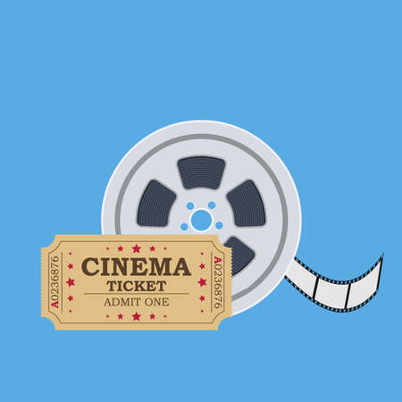 Retro cinema ticket and film reel. Vector illustration in flat styleのイラスト素材