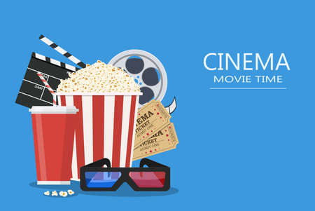 Movie poster template. Popcorn, soda takeaway, 3d cinema glasses, Film reel and tickets. Cinema design. Vector illustration in flat styleのイラスト素材